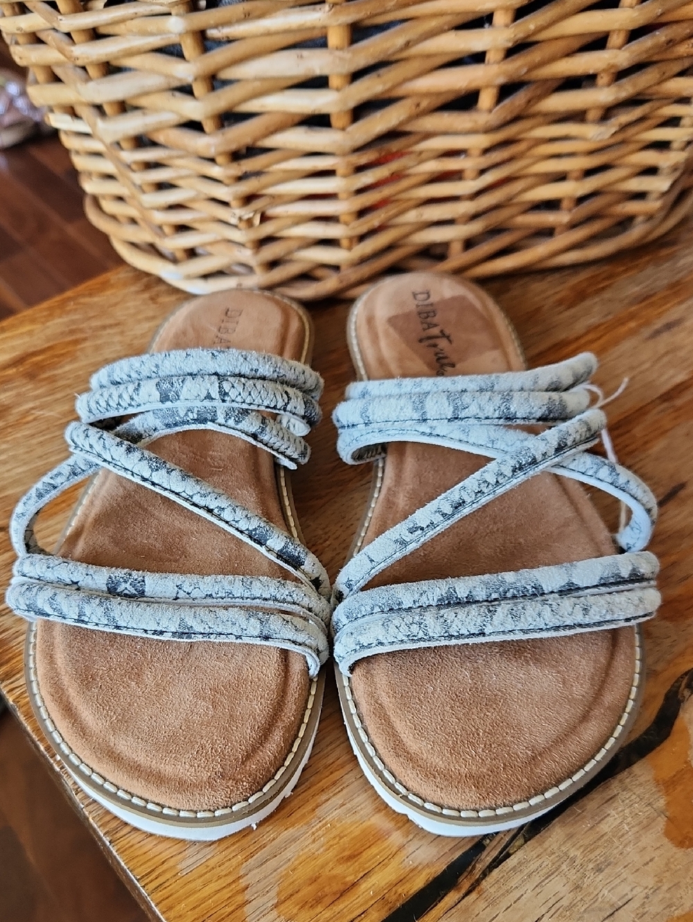 Diba True Cedar Cove Sz 7 Gray Leather Strappy Slide Sandals Snake Print NWOT